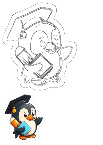 Adorable cartoon penguin celebrates graduation, wearing a cap with a tassel, holding a diploma scroll and a blue book.
