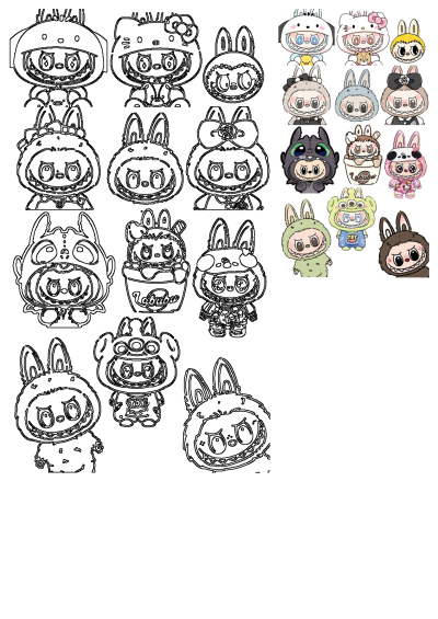 Adorable, whimsical cartoon characters in animal costumes; a mix of colorful and black-outline designs with playful, toothy smiles.