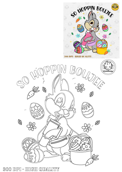 Hoppin Boujee Easter Bunny Eggs Cute Spring Celebration. Features a trendy rabbit with a fanny pack, tumbler, and vibrant eggs.