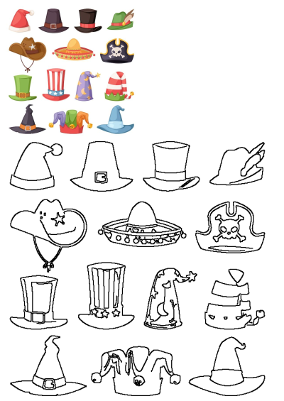 A diverse collection of cartoon hats, including Santa, cowboy, pirate, witch, and jester hats, presented with corresponding coloring page outlines.