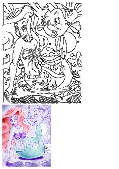 A charming drawing of Ariel the Little Mermaid and her fish friend Flounder, featured as an outline and a colored underwater sketch.