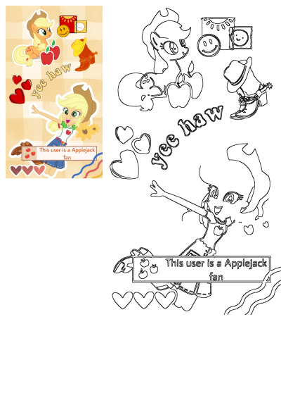 Applejack Fan My Little Pony Cartoon Character art featuring pony and Equestria Girls forms, apples, and 'yee haw'.