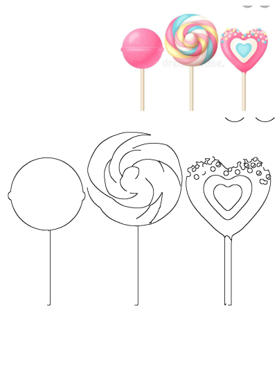 Heart, pink, and blue lollipops alongside their line art outlines. Delicious candy sweets, including round and swirl designs.