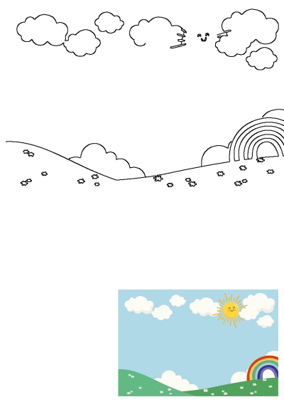 A cheerful cartoon landscape with a smiling sun, vibrant rainbow, fluffy clouds, and green hills dotted with flowers against a blue sky.
