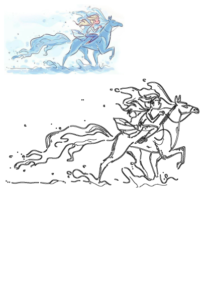Elsa from Frozen rides the majestic water spirit Nokk, splashing through waves in a beautiful illustration and outline drawing.