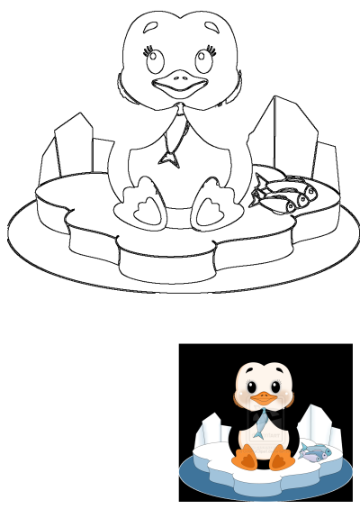 Line art of a cute cartoon penguin sitting happily on an ice floe, with a fish in its mouth and others beside it.