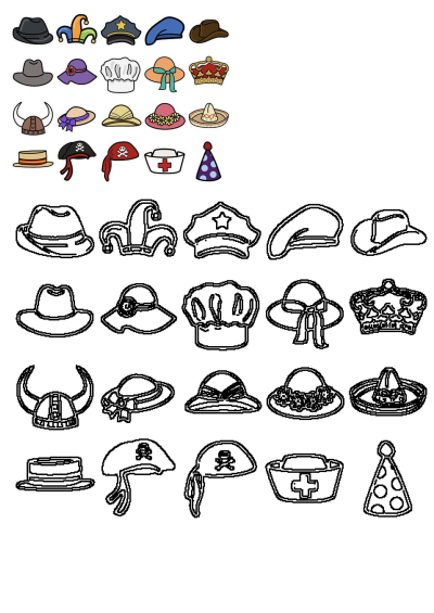 Collection of diverse cartoon hats in various styles, featuring colored illustrations and black outlines. Includes fedora, jester, chef, pirate.