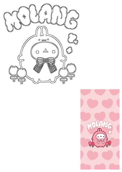Molang bunny character in pink, wearing a bow, with red tulips, and MOLANG text on a cute pink heart background.