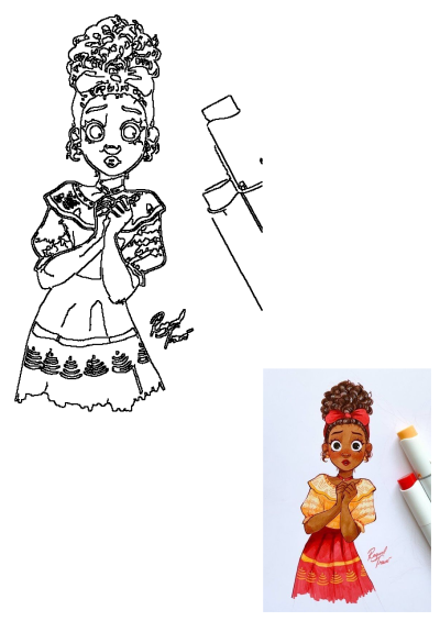 Detailed line art of a sweet cartoon girl with curly hair and a red bow. She wears a colorful patterned dress, hands clasped in front.