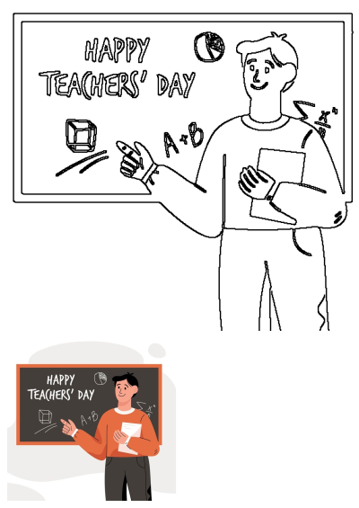 Illustration of a male teacher smiling next to a blackboard with "Happy Teachers' Day" written and various math symbols.