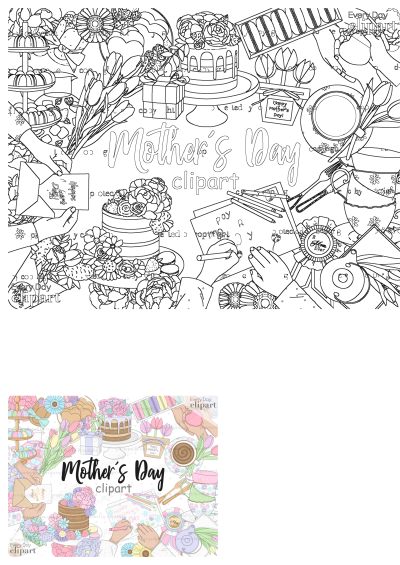 Mothers Day clipart illustration showcasing a delightful tea party with floral bouquets, cakes, gifts, and handwritten cards for Mom.