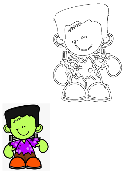 A cute cartoon Frankenstein monster with green skin, purple shirt, and an outline version perfect for Halloween activities.