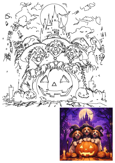 Three cute puppies in witch hats sit on a glowing jack-o'-lantern with a spooky castle, full moon, and bats in the Halloween night.