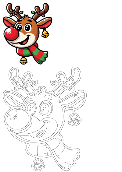 A cheerful cartoon reindeer head with a red nose, festive lights on antlers, and a red and green striped scarf with bells, alongside its outline.