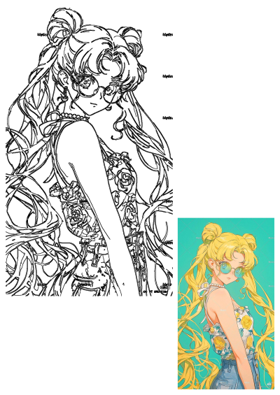 Sailor Moon anime girl wearing trendy round sunglasses, a floral top with yellow roses, pearl necklace, and denim shorts against a teal background.