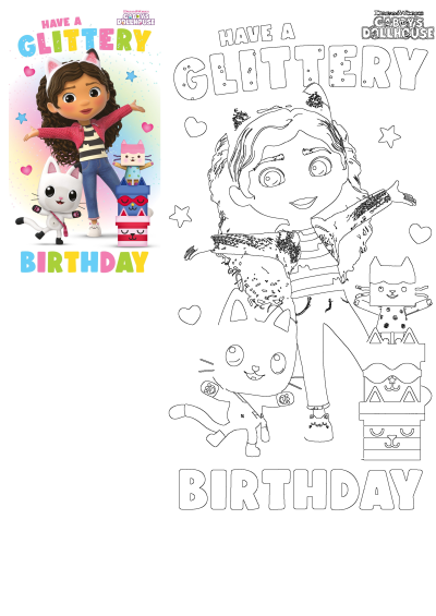 Gabby's Dollhouse birthday card featuring Gabby and Pandy Paws, wishing a glittery birthday amidst stars and hearts.