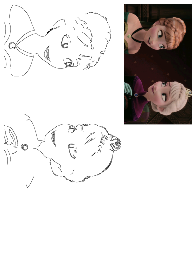 Frozen Princesses Anna and Elsa looking up, featuring a vibrant colored portrait next to line art outlines for both characters.