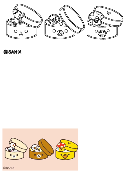 San-X cartoon animals in cute round boxes on a pink background. Features line art and colored versions of chibi chick, duck, and toy characters.