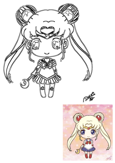 Cute chibi Sailor Moon character holding a staff, depicted as an outline and a colorful illustration with a soft starry background.