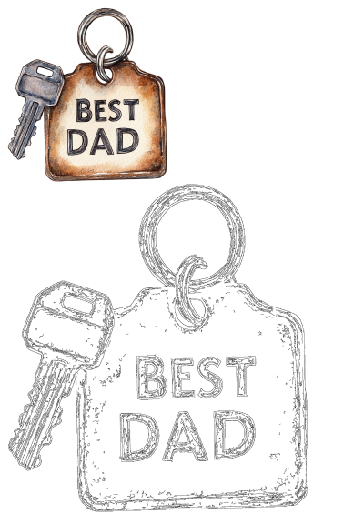 A watercolor 'Best Dad' keychain with a key and its outline version, perfect for a thoughtful Father's Day gift.