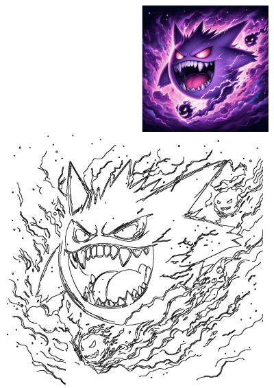 Vibrant purple Evil Gengar Pokemon surrounded by dynamic lightning and ghostly wisps. Perfect for an intense art display or a fun coloring activity.