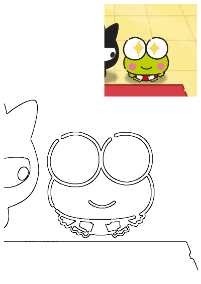 Cartoon Black Cat And Green Frog Friends On Tile. This image also features a black and white outline drawing of the same characters.