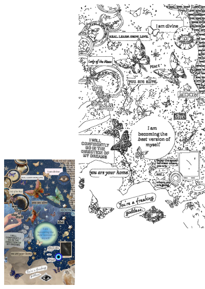 Inspirational celestial collage with moon, stars, butterflies, and empowering goddess affirmations for healing, growth, and self-love.