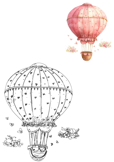 Pink floral hot air balloon with butterflies illustration. Includes a vibrant colored version and a clean black outline drawing for projects.