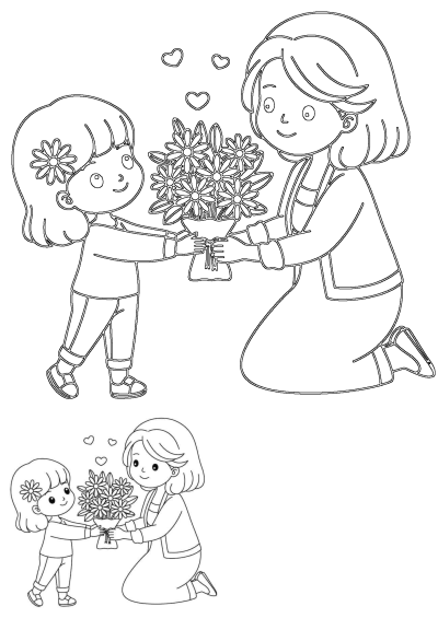 Outline drawing of a happy child giving a bouquet of flowers to her loving mother, with hearts floating, symbolizing love and appreciation.