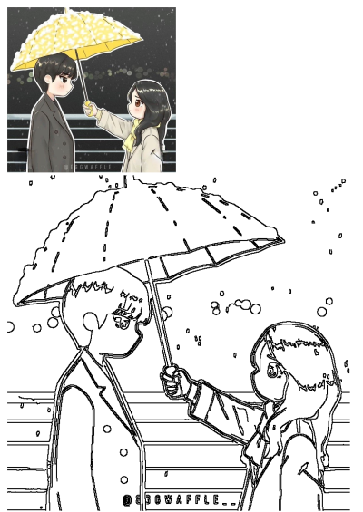 A romantic cartoon couple sharing a yellow umbrella in the rain. The sweet scene captures a moment of love and care between them.