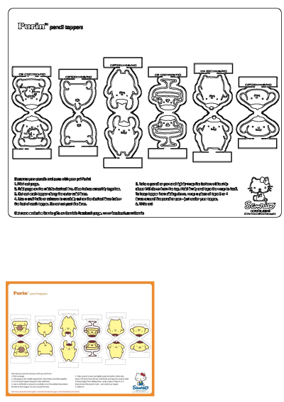 DIY Pompompurin pencil toppers printable craft with instructions. Features cute Purin designs, both outline and colored versions.