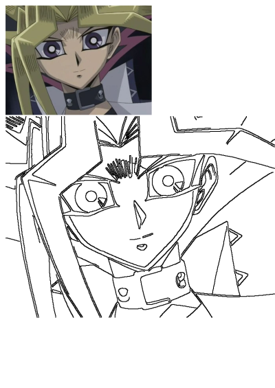 Alena Marenfeld's vibrant portrait of Yami Yugi (Pharaoh Atem) from Yu-Gi-Oh!, presented with a detailed line art version.
