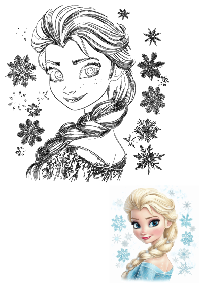 Elsa from Frozen portrait featuring her iconic blonde braided hair, blue dress, and smile, amidst beautiful snowflakes. Includes outline version.