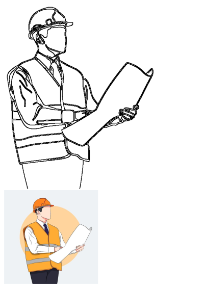 Outline of an engineer wearing a hard hat and safety vest, reviewing a construction blueprint for project planning.