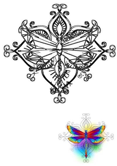 Vibrant geometric dragonfly illustration with faceted, rainbow-colored wings, detailed against a delicate black line art background.