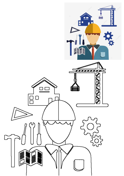 Flat design illustration of a construction engineer with a hard hat, surrounded by building elements like a house, crane, tools, and gears.