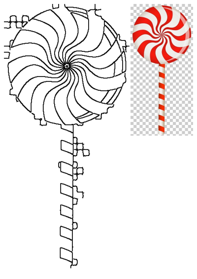 Vibrant red and white swirl lollipop clipart on a stick, with transparent background, alongside its crisp black outline art.