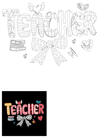 Colorful stylized 'TEACHER' lettering with a polka dot bow, stacked books, hearts, and a paintbrush, ideal for teacher appreciation.