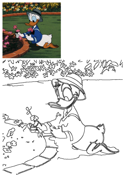 Donald Duck carefully tends to vibrant pink flowers in a cartoon garden, wearing his classic sailor suit and hat.