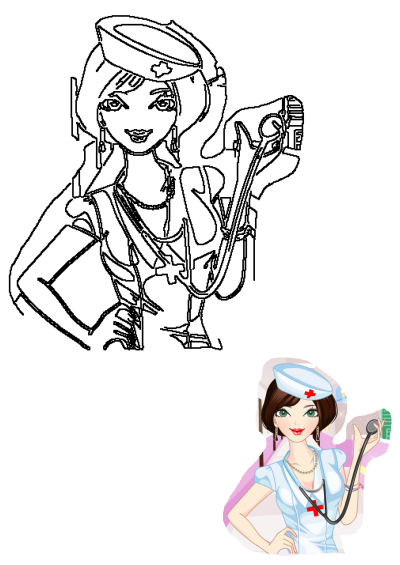 Cartoon Nurse Stethoscope Illustration: A caring nurse in uniform with stethoscope, depicted in both a vibrant color image and a clean outline drawing.