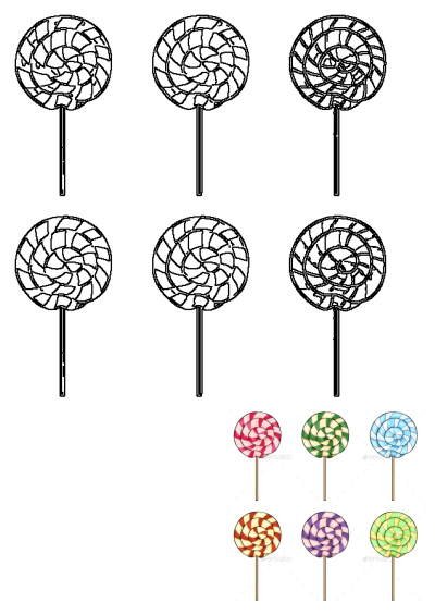 Colorful Lollipops Illustration Candy Food Objects. Features vibrant and outline spiral lollipops on sticks, perfect for sweet treats design.