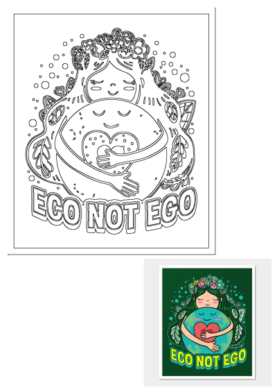 Vibrant "Eco Not Ego" art print showing Mother Earth lovingly hugging the planet with a heart. Ideal for Earth Day green gifts & conservation posters.