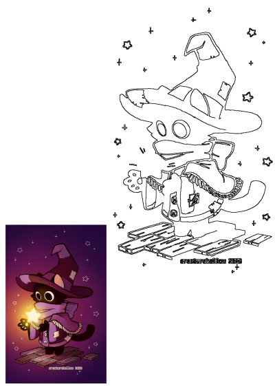 Charming cartoon witch cat in purple hat and cloak holding a glowing star, standing on planks. Includes outline drawing for coloring.
