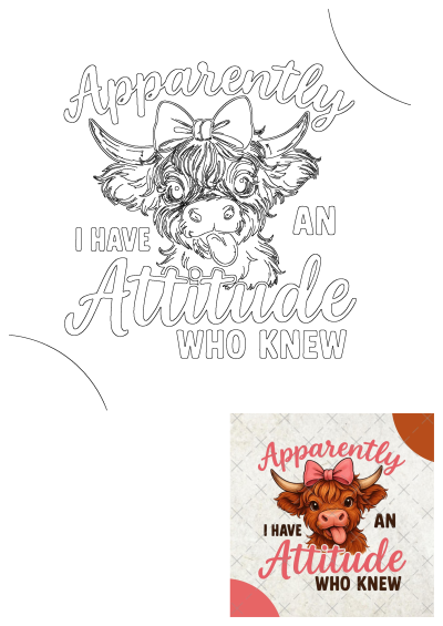 Funny, cute fluffy Highland cow with a pink bow, tongue out, and the quote: 'Apparently I have an attitude WHO KNEW'.