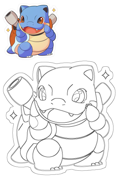 Wartortle cartoon sticker happily holding a toilet paper roll, perfect for fans; includes both colored version and outline art.