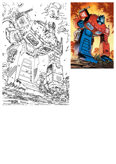 Dynamic Optimus Prime comic book art featuring the red and blue robot standing on a fiery battlefield, paired with its line art.