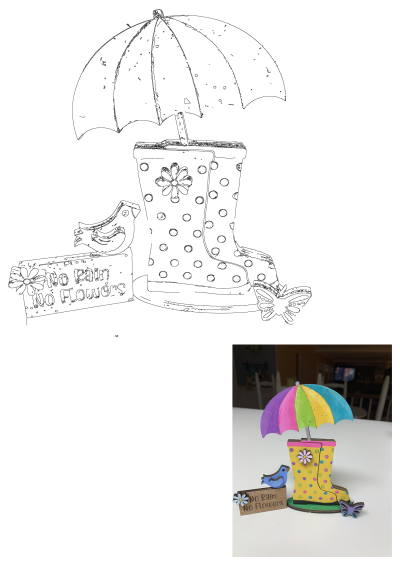 A vibrant spring decor piece featuring a rainbow umbrella, yellow polka-dot rain boot, blue bird, and a 'No Rain No Flowers' sign.