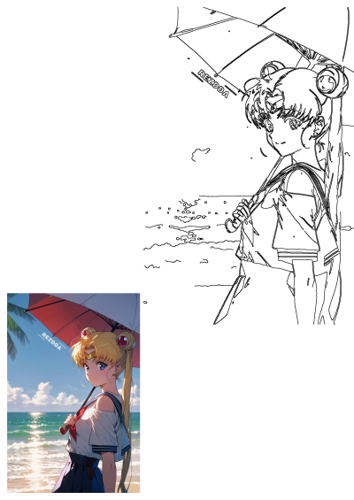 Sailor Moon on a sunny beach with a red umbrella, clear blue sky, and sparkling ocean waves. This anime girl enjoys the seaside view.