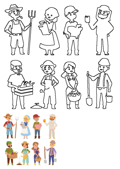 A collection of diverse cartoon farmers and agricultural workers with various farm tools, including a boy holding a pig, and produce.