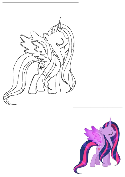 My Little Pony's Twilight Sparkle, a pink and purple alicorn with long flowing mane and tail, displayed in full color and as an outline.